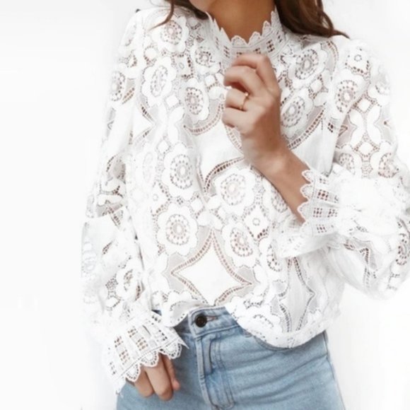 Lace Mock Neck Long Sleeve Blouse - Picture 2 of 4